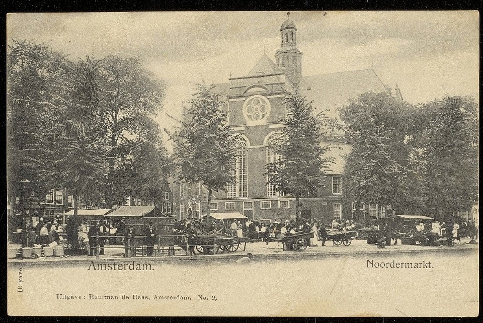 Noorderkerk, Noordermarkt 44-48 gezien vanaf de Prinsengracht. Uitgever Buurman de Haas, Amsterdam, Afb ANWU01729000001