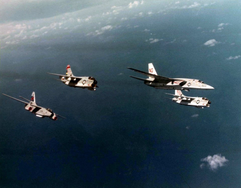 North American RA-5C Vigilante of RVAH-5 in flight over the Indian Ocean with LTV A-7E Corsair IIs of VA-147 and a Douglas EA-3B Skywarrior of VQ-1, in November 1974 (NNAM.1996.488.210.175)