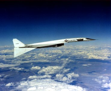 North American XB-70A Valkyrie in flight with wingtips in 65 percent (full) drooped position 061122-F-1234P-021
