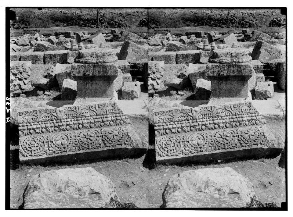 Northern views. Remarkable remains of the synagogue at Capernaum. Frieze and cornice showing pomegranates, grapes etc. LOC matpc.05179