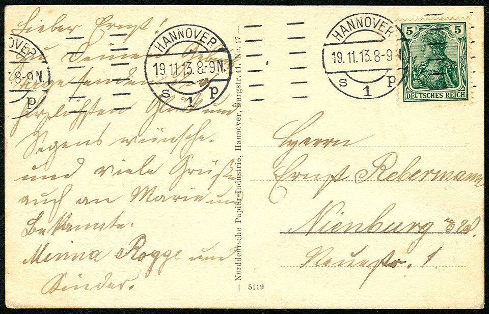 Norddeutsche Papier-Industrie PC 0017 Hannover Justizgebäude, Volgersweg, Adressseite Minna Rogge 1913 an Ernst Rebermann in Nienburg ..