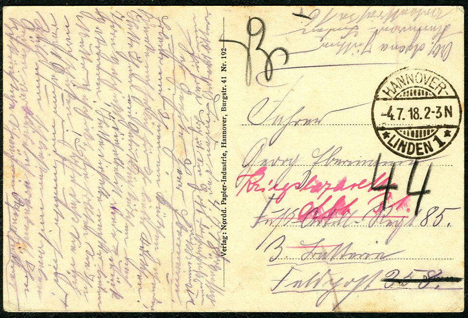 Norddeutsche Papier-Industrie PC 0192 Adressseite Feldpost 1918 Erster Weltkrieg Agena Jüttner aus Linden an Georg ... Füsilier-Garde-Regiment 85, 3. Batterie ... Kriegslazarett Abteilung 31 ..