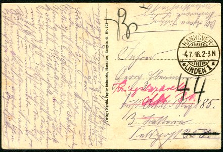Norddeutsche Papier-Industrie PC 0192 Adressseite Feldpost 1918 Erster Weltkrieg Agena Jüttner aus Linden an Georg ... Füsilier-Garde-Regiment 85, 3. Batterie ... Kriegslazarett Abteilung 31 ..