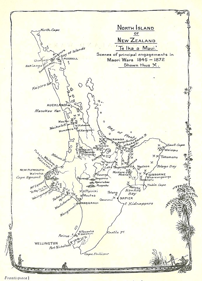 North island of new zealand showing sites of engagements in maori campaigns