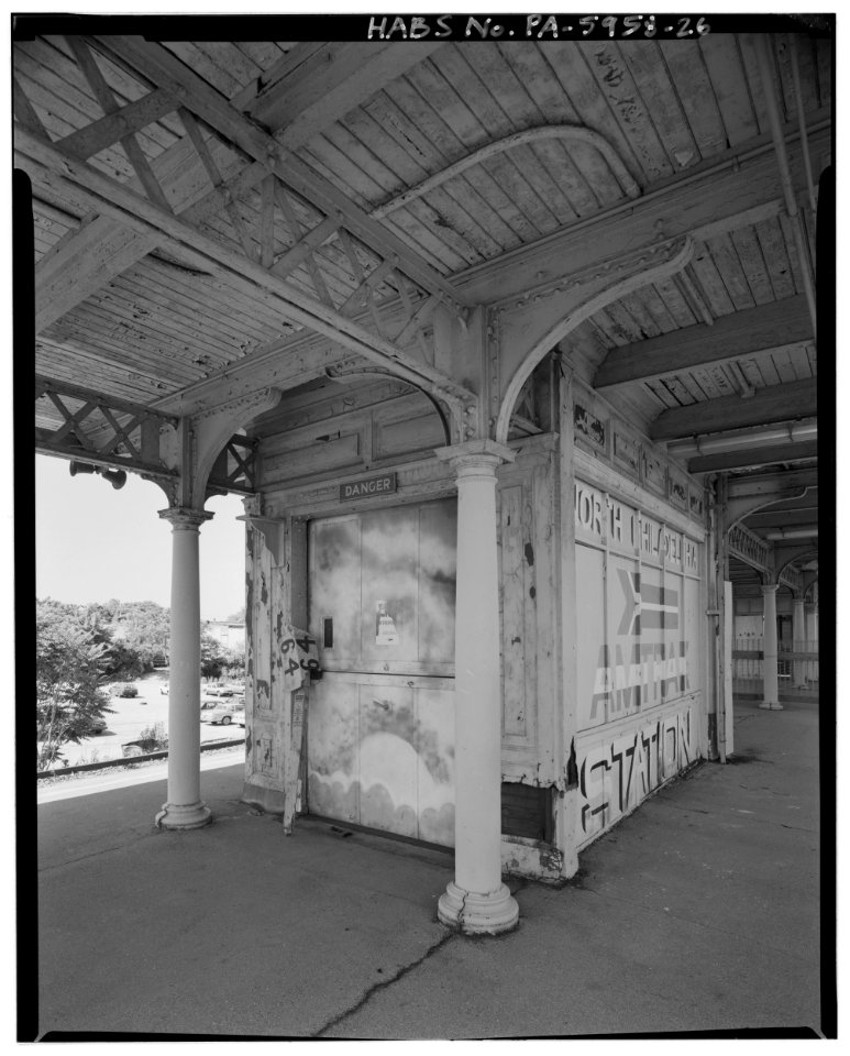 North view; Canopy detail and platform-level freight elevator - North Philadelphia Station