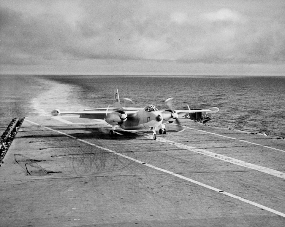 North American AJ-2 Savage of VAH-6 lands on USS Yorktown (CVA-10) on 6 December 1955 (NH 97459)