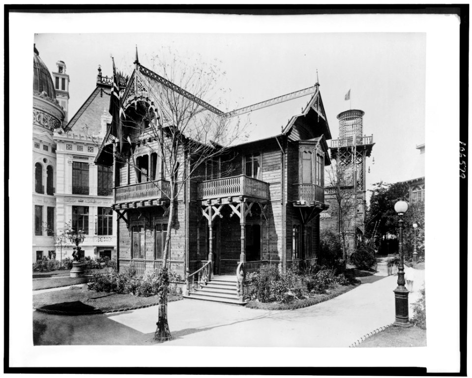 Norwegian chalet in front of the Telephone Building (with tower), Paris Exposition, 1889 LCCN92520981