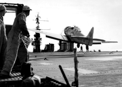 North American SNJ landing on USS Monterey (CVL-26) 1953