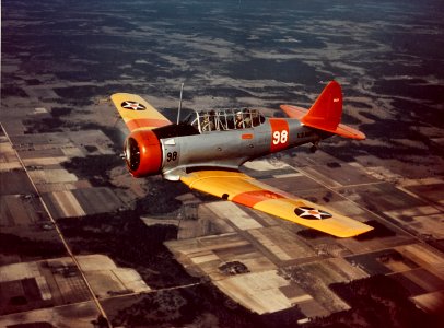 North American SNJ-1 trainer airplane in flight, circa 1941 (80-G-K-13549)