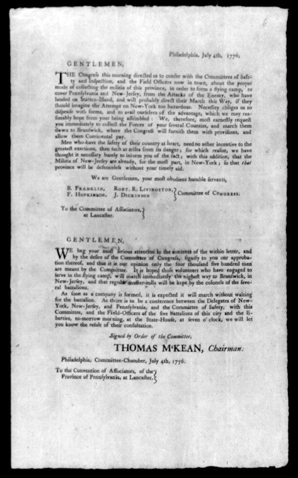 Notice, dated 4 July 1776, from a congressional committee to militiamen in Lancaster, Pa., accompanied by a letter of recommendation from the Philadelpphia Committee of Safety, concerning LCCN2003678093