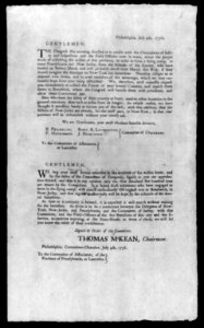Notice, dated 4 July 1776, from a congressional committee to militiamen in Lancaster, Pa., accompanied by a letter of recommendation from the Philadelpphia Committee of Safety, concerning LCCN2003678093