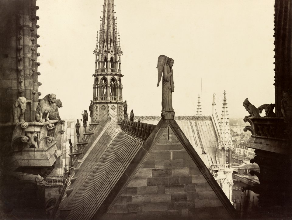 Notre Dame, Paris, France. View from spire of roofs, statuary, and gable