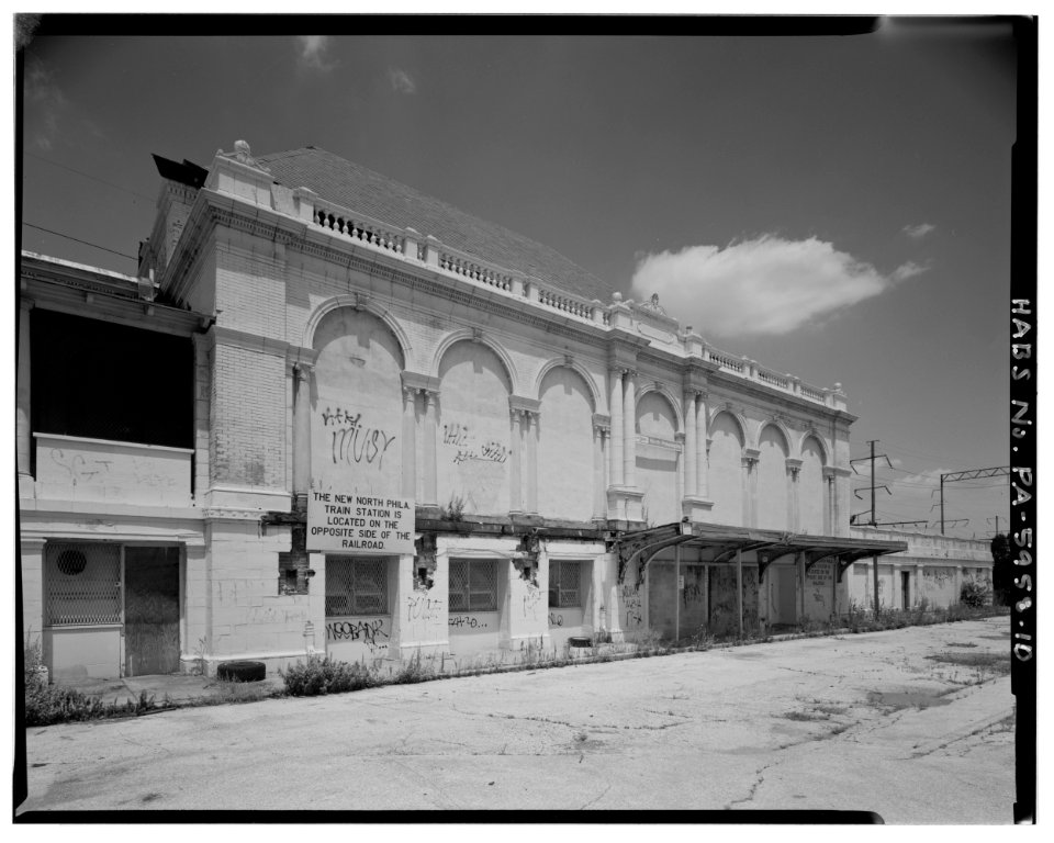 North-East view; Station Building - south (front) elevation, oblique - North Philadelphia Station