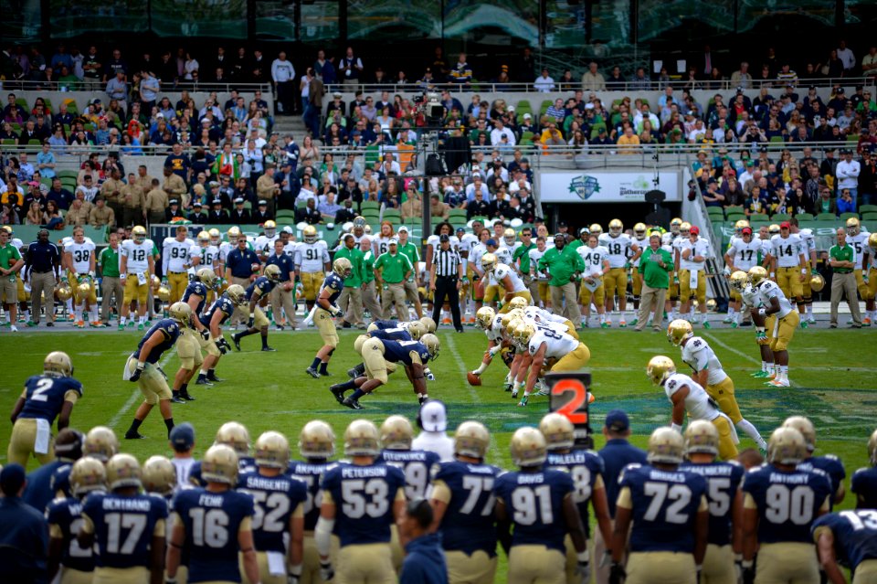 Notre Dame and Navy line up on scrimmage during the NCAA Emerald Isle Classic college football season opener