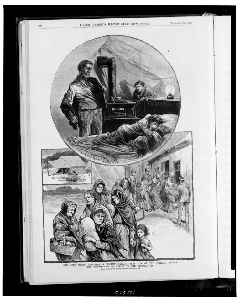 Ohio - the mining troubles in Hocking Valley - tent life of the striking miners-The distribution of relief to the unemployed - from sketches by Joseph Becker. LCCN98511293