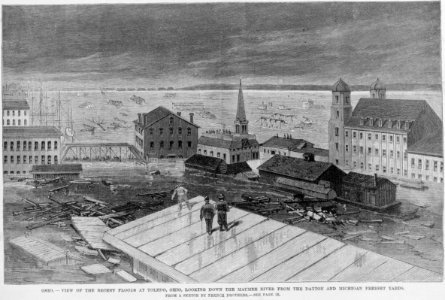 Ohio - View of the recent floods at Toledo, Ohio, looking down the Maumee River from the Dayton and Michigan freight yards - from a sketch by French Brothers. LCCN99405212