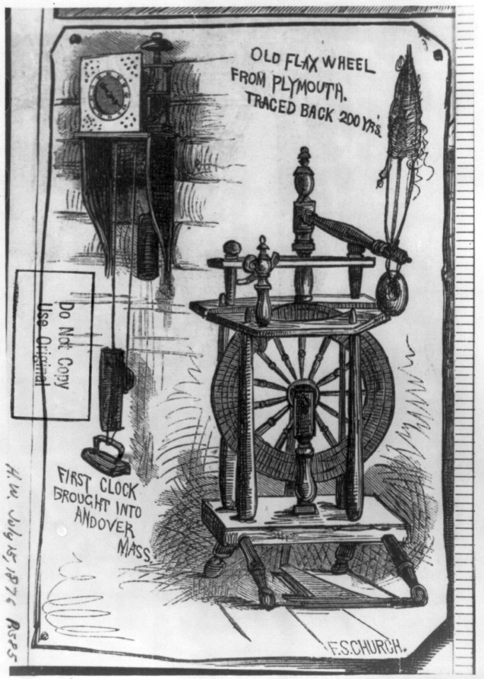 Old flax wheel from Plymouth, traced back 200 yrs., and the first clock brought into Andover, Mass. LCCN2004682097