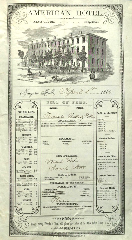 Old Food Menu - American Hotel 1860