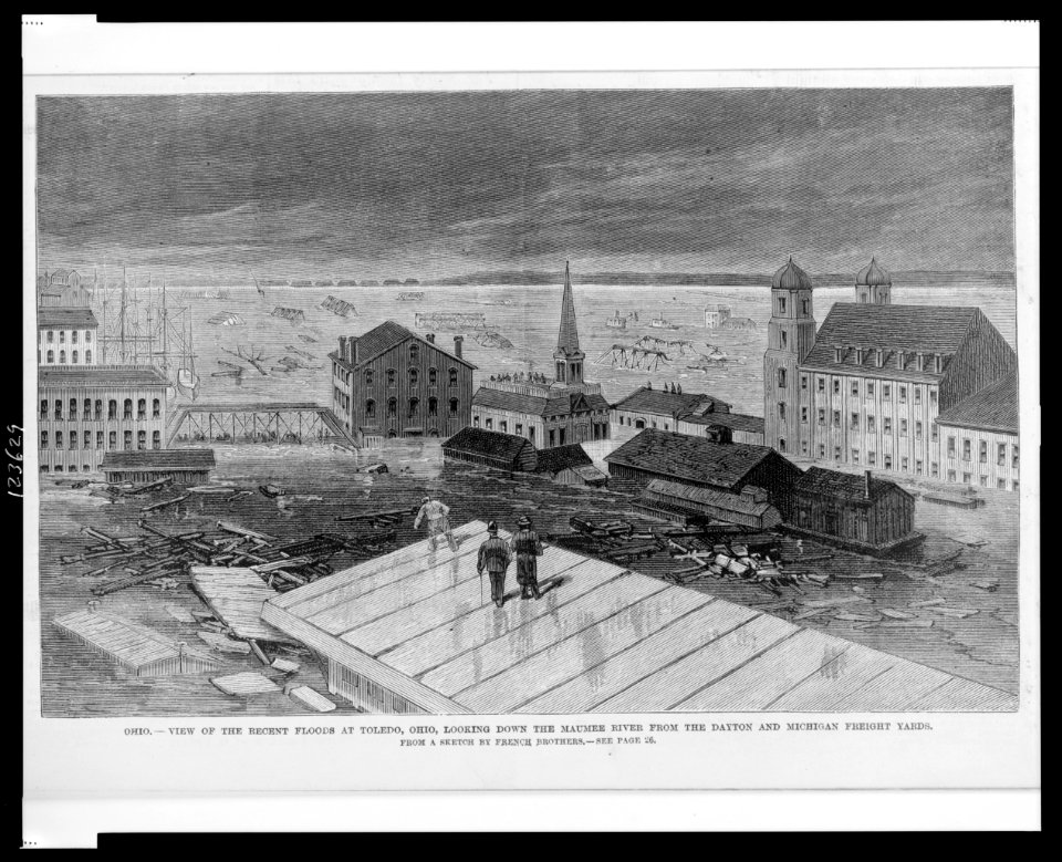 Ohio - View of the recent floods at Toledo, Ohio, looking down the Maumee River from the Dayton and Michigan freight yards - from a sketch by French Brothers. LCCN99405212