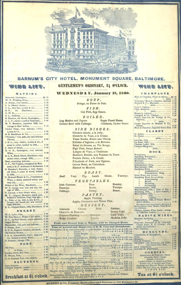 Old Food Menu - Barnums City Hotel 1860