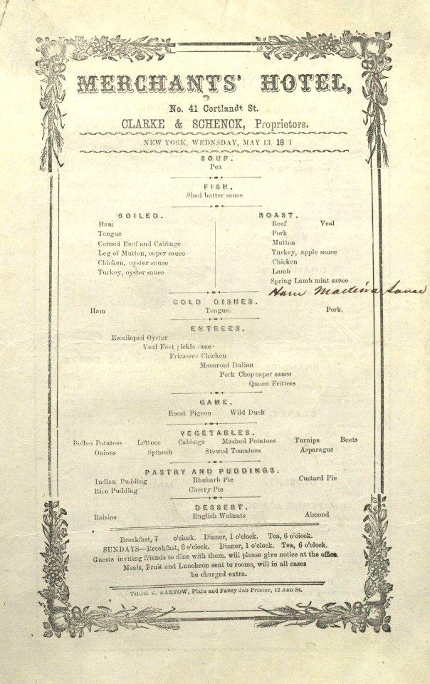 Old Food Menu - Merchants Hotel 1863