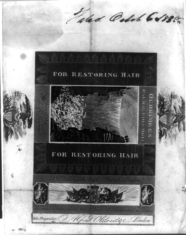 Oldridges Balm of Columbia for restoring hair. View of the Falls of Niagara LCCN2001701400