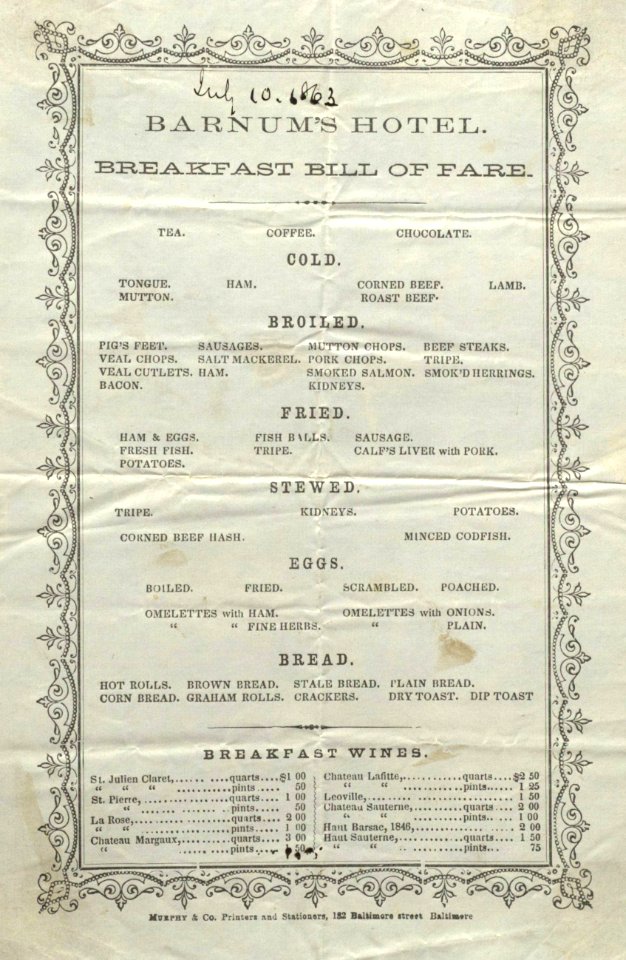 Old Food Menu - Barnums Hotel 1863