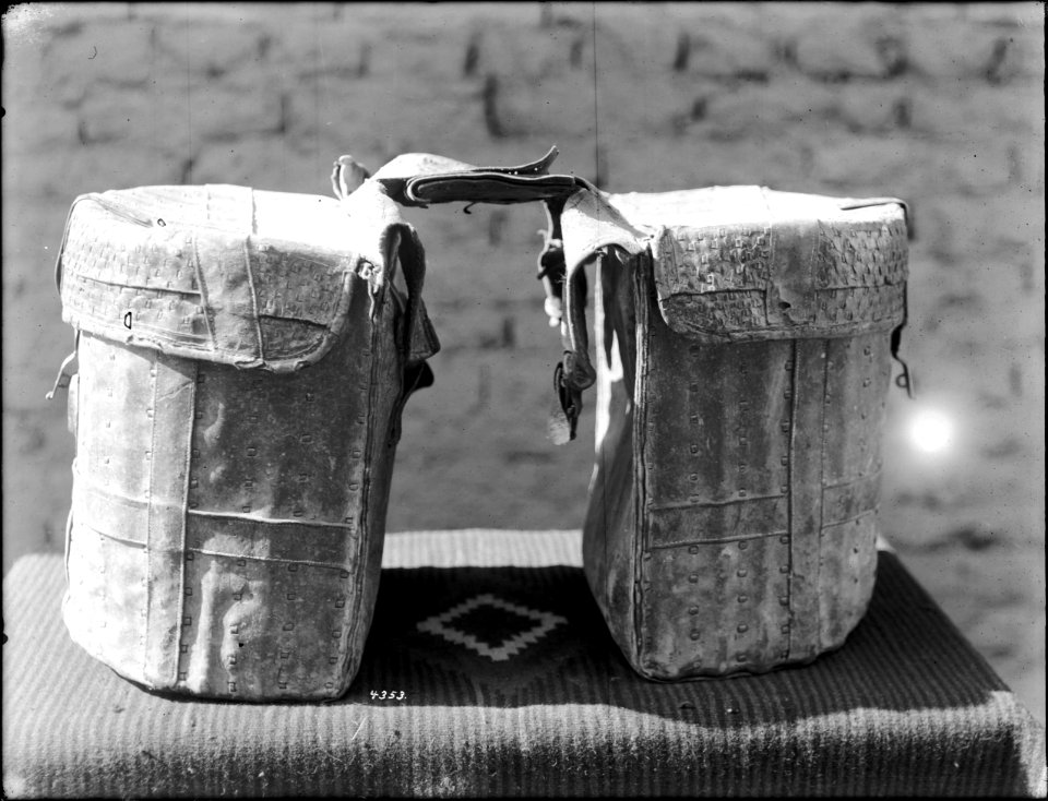 Old leather saddle bags at Mission Santa Cruz, New Mexico, ca.1900 (CHS-4353)