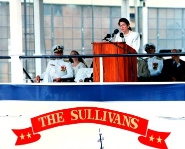 Olympia Snowe speaks during the christening and launch ceremony of the guided missile destroyer USS The Sullivans (DDG-68)