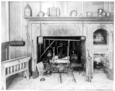 Old fireplace, oven, and cooking utensils at the Mission House, Stockbridge, Mass. LCCN2012646408