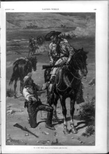 On a hot trail (Scout pointing out tracks to another scout, Gen. Miles, who is en route to Cheyenne reservation with his troops, in background; carbine lying on ground in fg.) LCCN99614269
