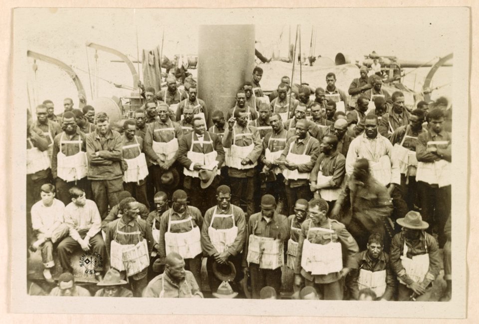 On board the Momus at sea, in the danger zone Part of the civilian stevedore battalion, under command of captain Goege Luberoff, Q.M.C., on board the Momus in the danger zone, on their way LCCN2016651366