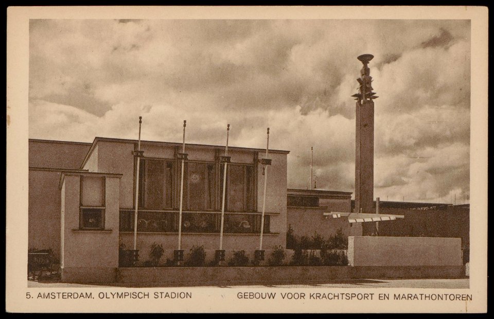 Olympische Spelen. Gebouw voor krachtsport en de marathontoren. Uitgave Weenenk & Snel, Den Haag, Afb PBKD00435000022