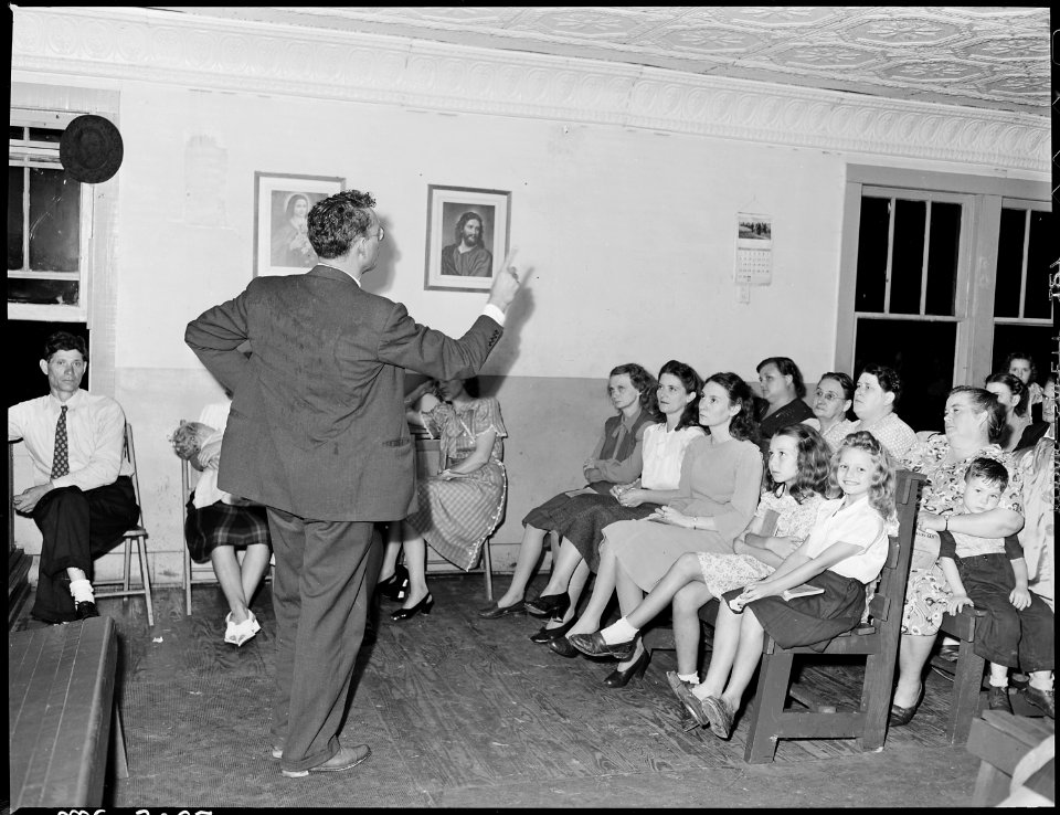 One of the pastors of the Free-Will Baptist Church preaches to his congregation. Wheelwright Junction, Floyd County... - NARA - 541436