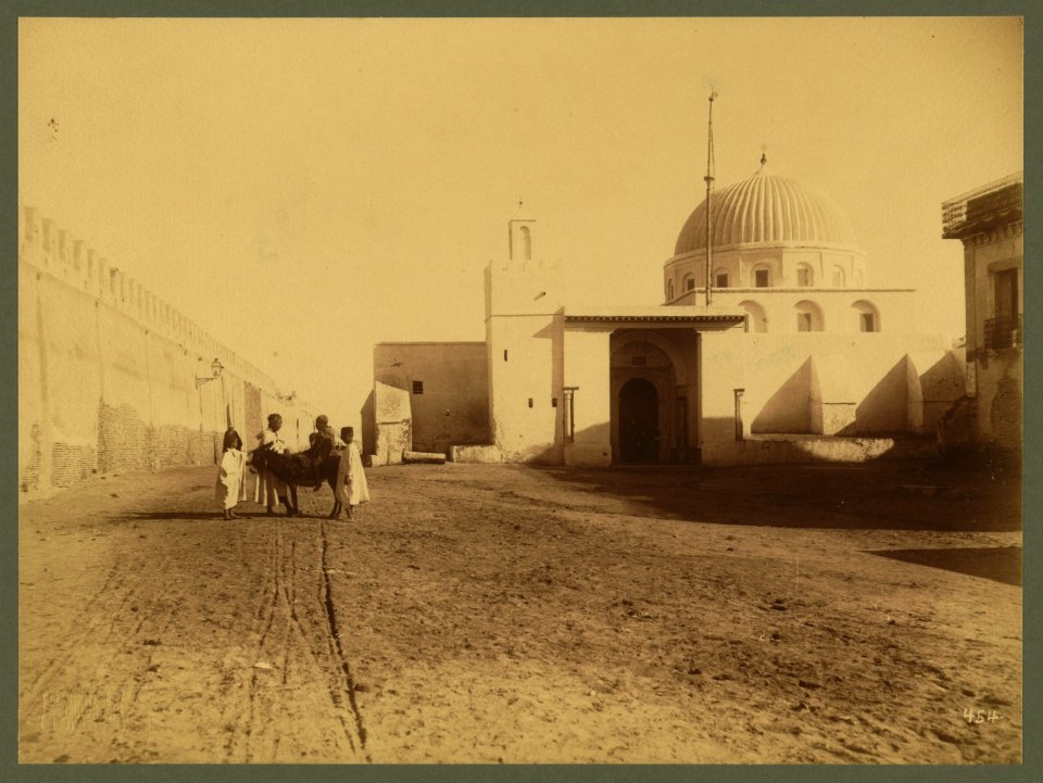 One of the zaouias or Mahommedan schools. Most of the domes in the zaouias and mosques are fluted. To the left one can see the wall of the city (Kairouan) - Lehnert et Landrock, Tunis. LCCN2003690039
