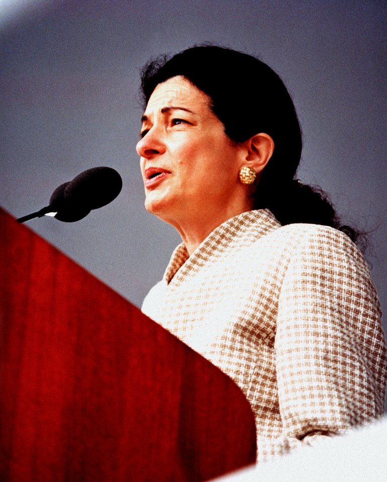 Olympia Snowe addresses the assembled crowd during the christening ceremony of the guided missile destroyer USS MASON (DDG 87)