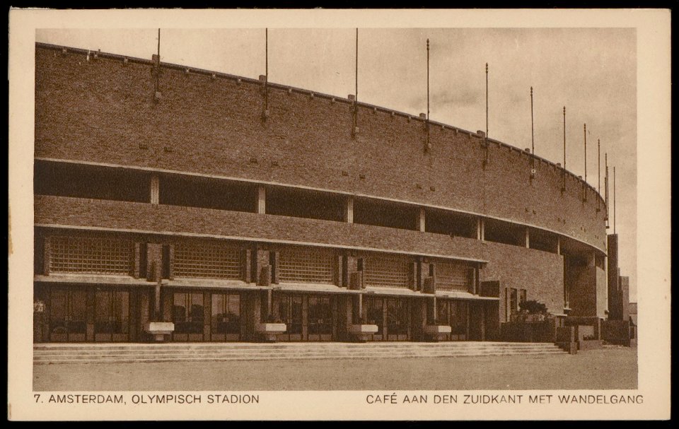 Olympische Spelen. Olympische Stadion, café aan de zuidkant met wandelgang. Uitgave Weenenk & Snel, Den Haag, Afb PBKD00435000002