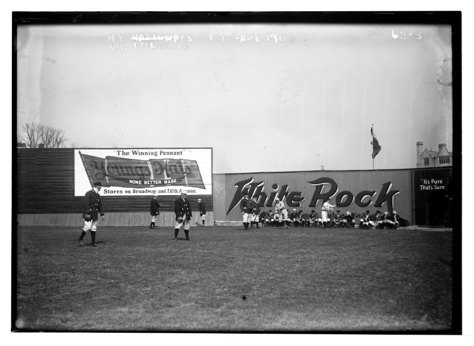 Opening Day at Hilltop Park, NY; NY Highlanders (AL) & Phila. Athletics warming up (baseball) LCCN2014680313