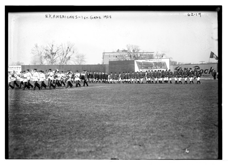 Opening Day at Hilltop Park, NY; NY Highlanders (AL) & Phila. Athletics marching with band (baseball) LCCN2014680311