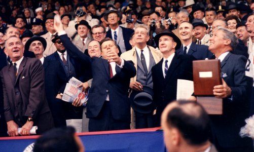 Opening Day of 1961 Baseball Season. President Kennedy throws out first ball. (first row) Vice President Johnson... - NARA - 194197 (cropped)