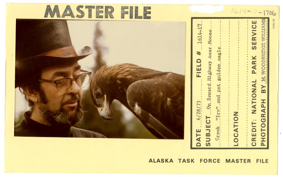 On Seward Highway near Moose Creek Irv and pet golden eagle (33550457525)