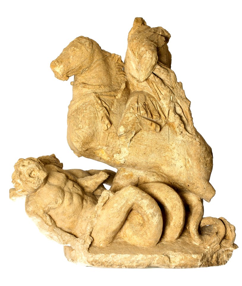 Onvolledig Jupitergigantenbeeld (rondsculptuur) in kalksteen, 150 tot 200 NC, vindplaats- Tongeren, Keverstraat, 25.10.1967, tempelcomplex, collectie Gallo-Romeins Museum Tongeren, 69.A.1