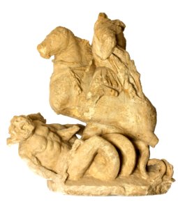 Onvolledig Jupitergigantenbeeld (rondsculptuur) in kalksteen, 150 tot 200 NC, vindplaats- Tongeren, Keverstraat, 25.10.1967, tempelcomplex, collectie Gallo-Romeins Museum Tongeren, 69.A.1