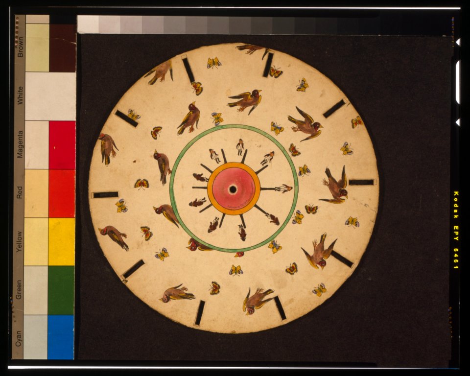Optical illusion disc with birds, butterflies, and a man jumping LCCN00651165