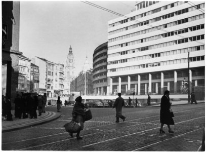 Oporto, Portugal. Oporto street secen. The old city is represented in this picure by the bell tower in background... - NARA - 541758