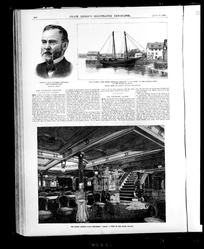 Oregon-Hon. Sylvester Pennoyer, the Governor-elect - photo by Brown. Nova Scotia-The seized American schooner J.D. Adams (i.e., David J. Adams) as she appears lying at the wharf at Digby - LCCN2009630223