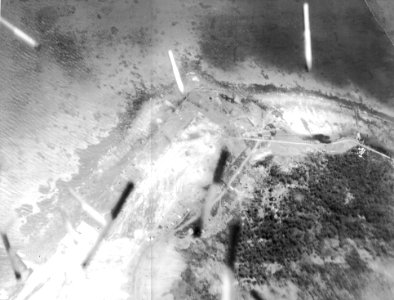 Ordnance being dropped on Japanese airfield on Truk in April 1944