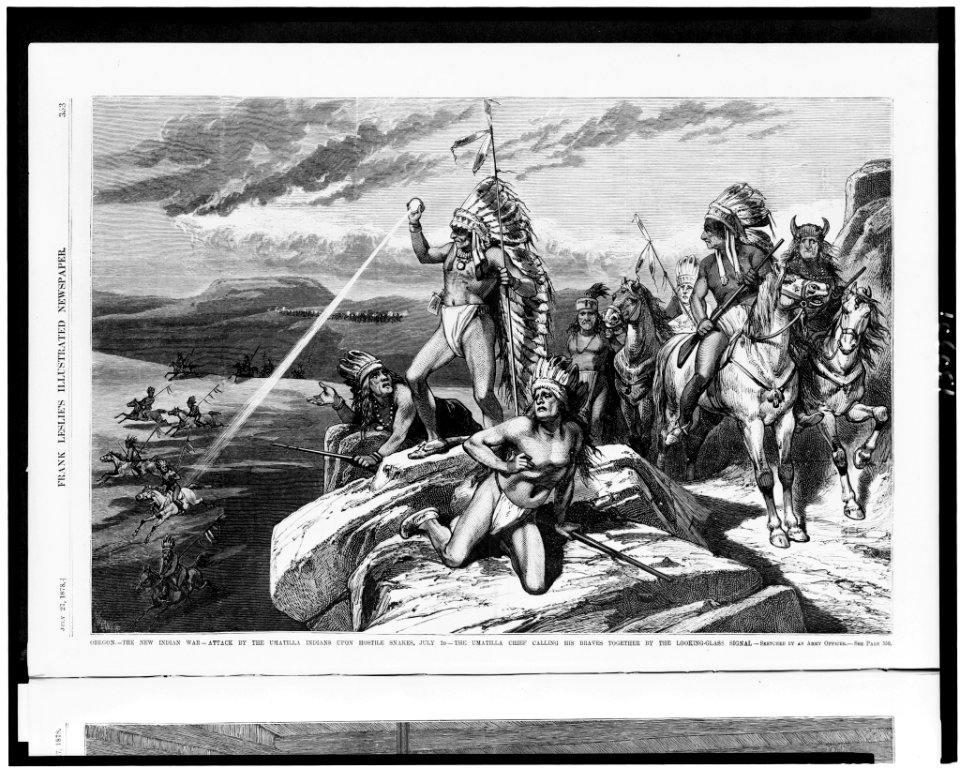 Oregon. - The new Indian war - attack by the Umatilla Indians upon hostile snakes, July 2d - the Umatilla chief calling his braves together by the looking-glass signal - sketched by an army LCCN92515728