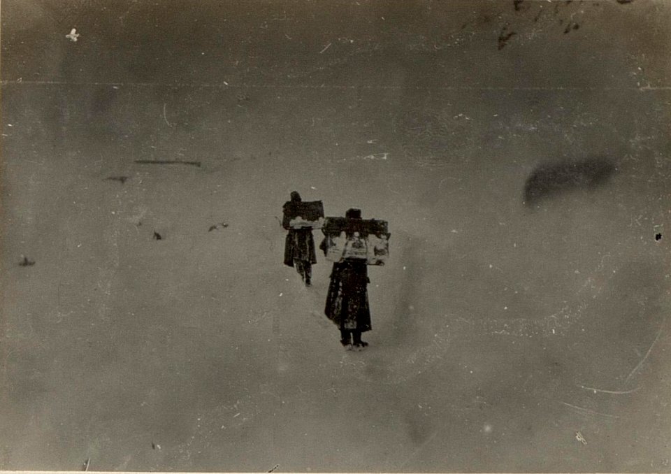 Oregonesattel. Menageträger mit Kochkisten im Schneetreiben. (BildID 15471856)