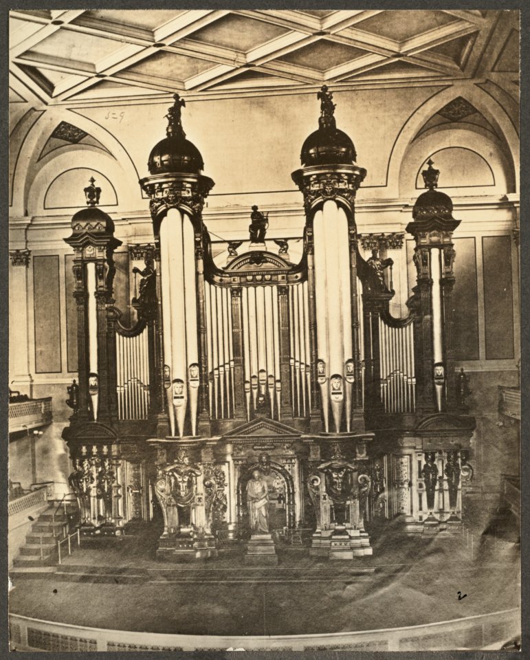Organ, Old Music Hall, Winter St. & Hamilton Place, Boston, 1863, from the Digital Commonwealth - commonwealth 37720s54n